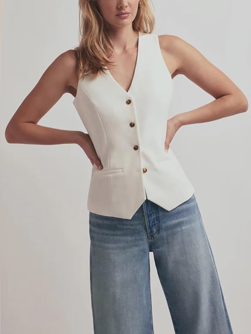 Drahance Solid Vest Sleeveless 4 Button V Neck Waistcoat Casual White Sz M